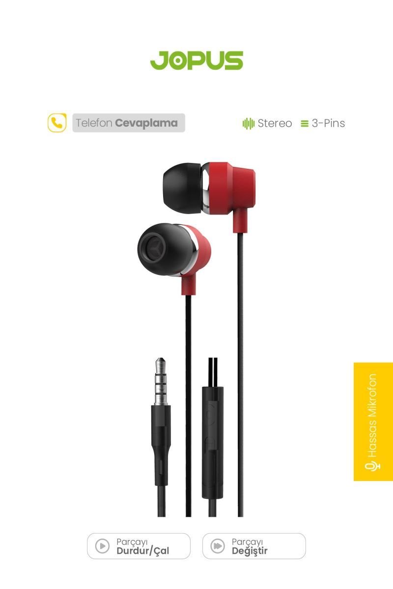 054878_3.jpg Jopus JO-K64 Bolero Universal 3.5mm Mikrofonlu Kulaklık Kırmızı Renk - Görsel 1