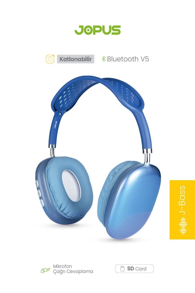 057451_3.jpg Jopus Jopus Acustica Mikrofonlu Bluetooth Kulaklık Mavi Renk - Görsel 1
