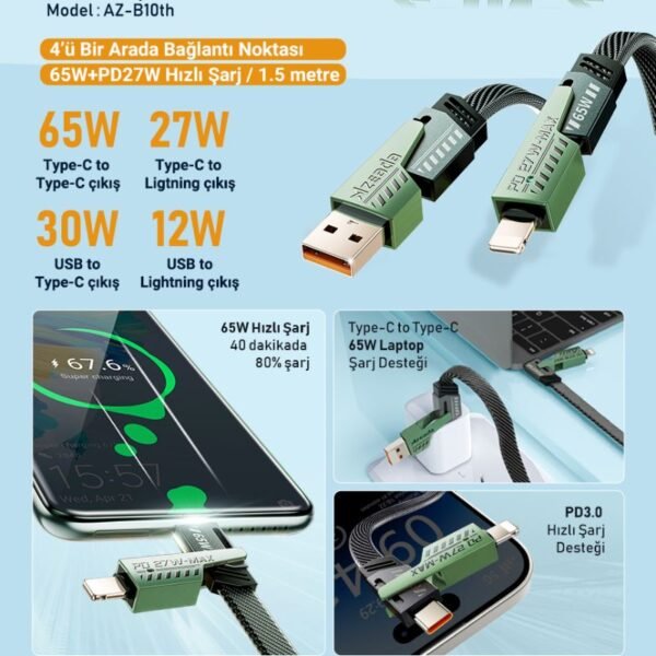 Azeada AZ-B10th 4’lü 1.5 Metre Data ve Şarj Kablosu Seti
