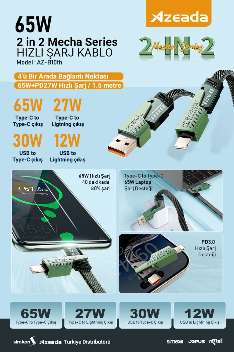 yesil-azeta.jpg Azeada AZ-B10th 4’lü 1.5 Metre Data ve Şarj Kablosu Seti - Görsel 1